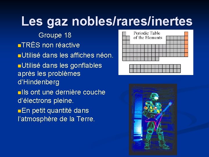 Les gaz nobles/rares/inertes Groupe 18 n. TRÈS non réactive n. Utilisé dans les affiches