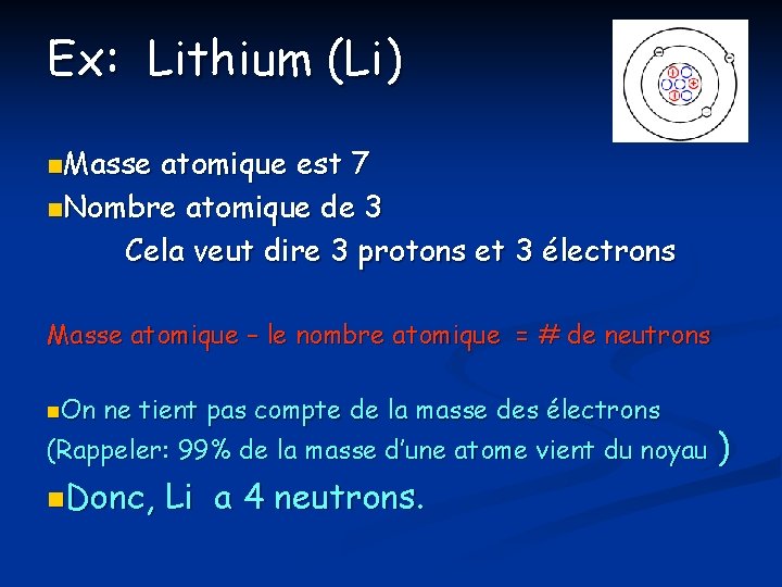 Ex: Lithium (Li) n. Masse atomique est 7 n. Nombre atomique de 3 Cela