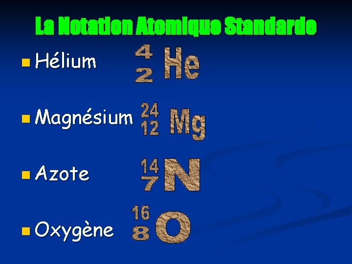 La Notation Atomique Standarde n Hélium n Magnésium n Azote n Oxygène 