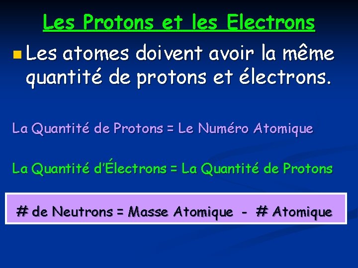 Les Protons et les Electrons n Les atomes doivent avoir la même quantité de