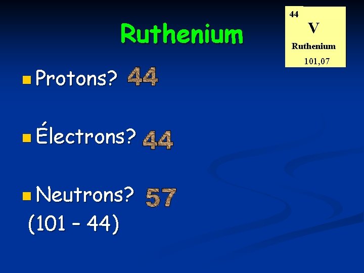 Ruthenium n Protons? n Électrons? n Neutrons? (101 – 44) 44 V Ruthenium 101,