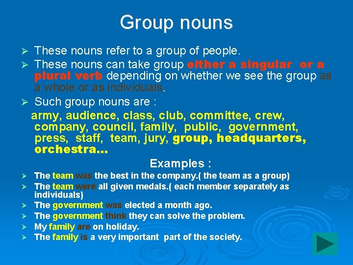 Group nouns These nouns refer to a group of people. These nouns can take