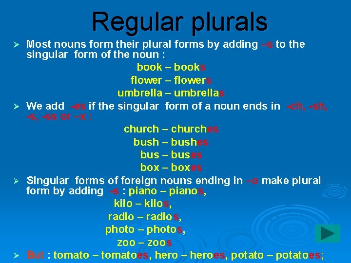Regular plurals Most nouns form their plural forms by adding –s to the singular