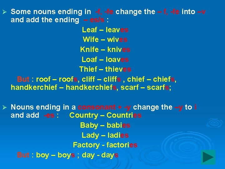 Ø Some nouns ending in -f, -fe change the – f, -fe into –v