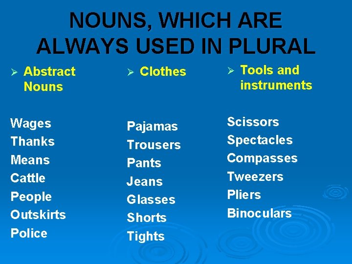 NOUNS, WHICH ARE ALWAYS USED IN PLURAL Ø Abstract Nouns Wages Thanks Means Cattle