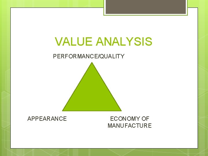 VALUE ANALYSIS PERFORMANCE/QUALITY APPEARANCE ECONOMY OF MANUFACTURE 