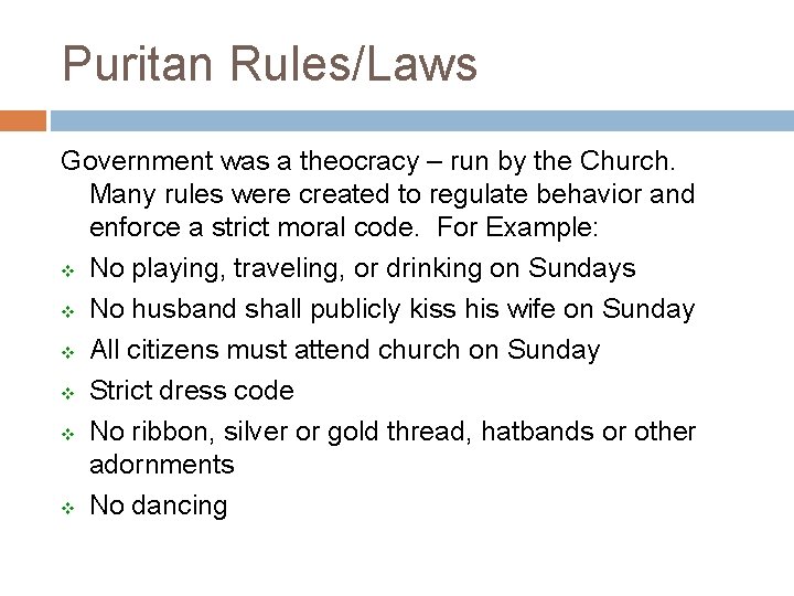 Rules and laws puritan Puritan Laws