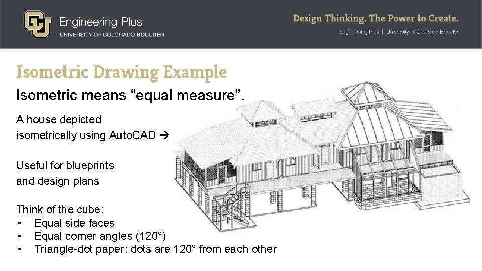Isometric Drawing Example Isometric means “equal measure”. A house depicted isometrically using Auto. CAD