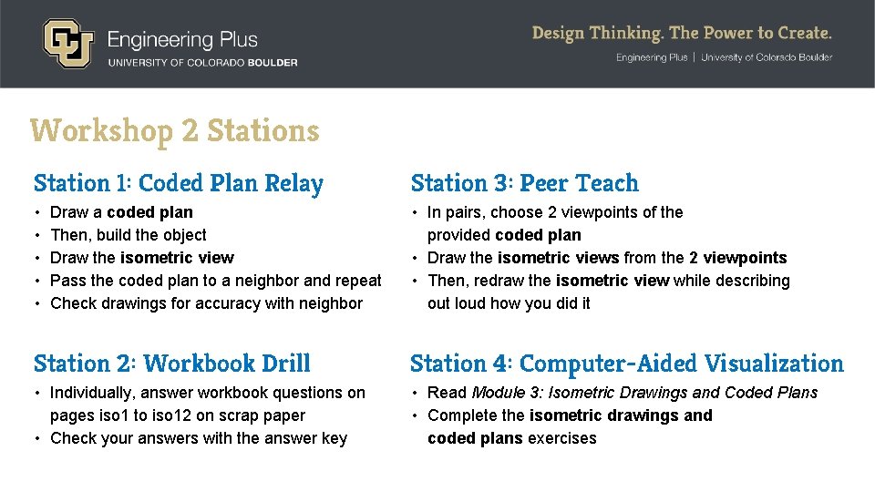 Workshop 2 Stations Station 1: Coded Plan Relay Station 3: Peer Teach • •