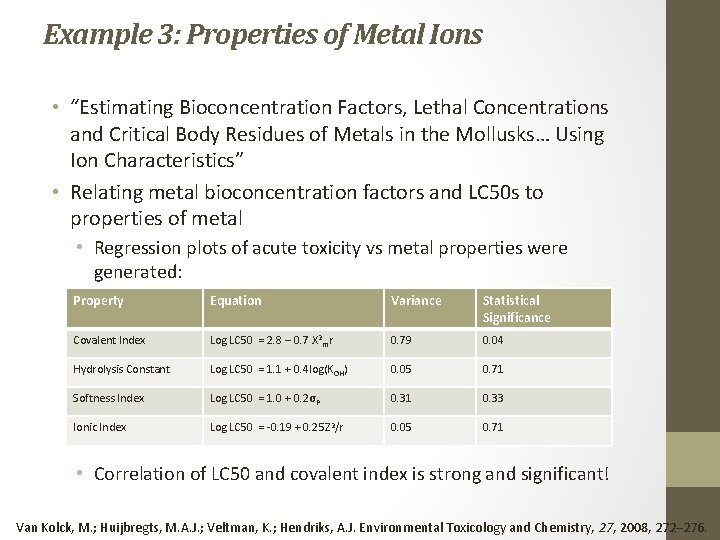 Example 3: Properties of Metal Ions • “Estimating Bioconcentration Factors, Lethal Concentrations and Critical