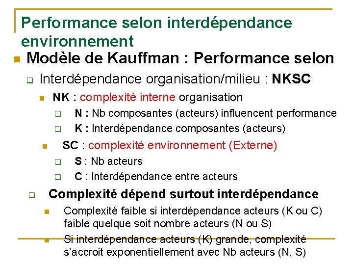 Performance selon interdépendance environnement n Modèle de Kauffman : Performance selon q Interdépendance organisation/milieu