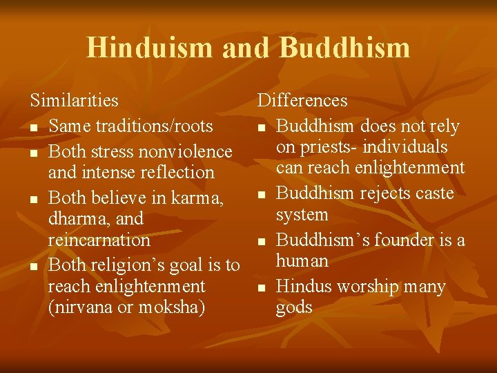 Hinduism and Buddhism Similarities Differences n Same traditions/roots n Buddhism does not rely on