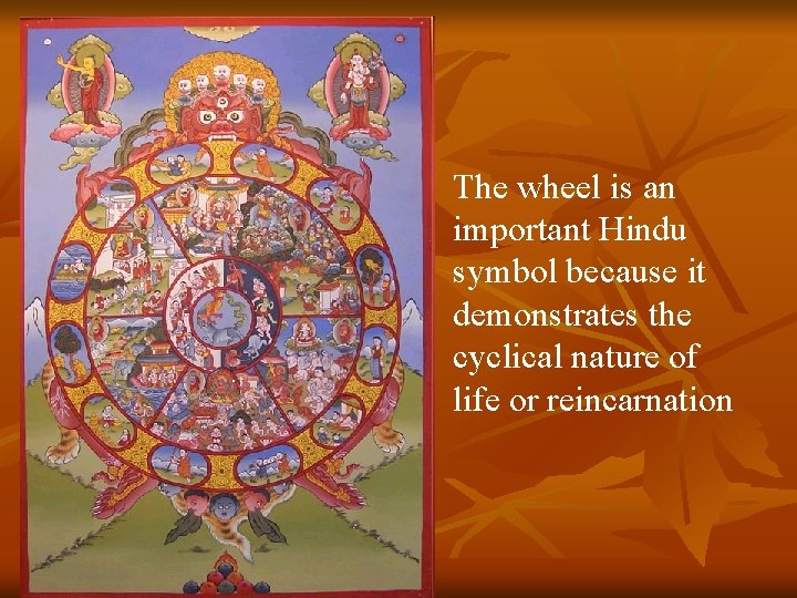 The wheel is an important Hindu symbol because it demonstrates the cyclical nature of