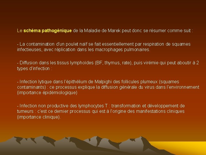 Le schéma pathogénique de la Maladie de Marek peut donc se résumer comme suit