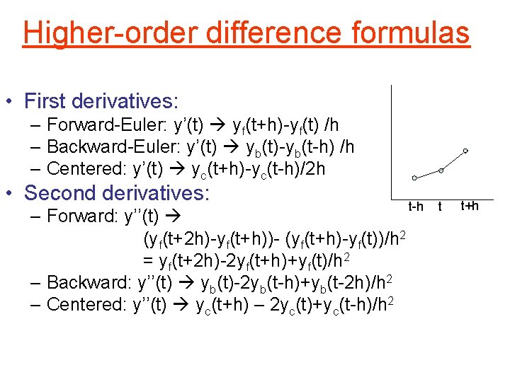 Higher-order difference formulas • First derivatives: – Forward-Euler: y’(t) yf(t+h)-yf(t) /h – Backward-Euler: y’(t)