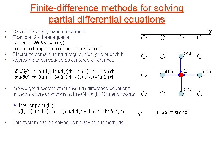 Finite-difference methods for solving partial differential equations • • y Basic ideas carry over