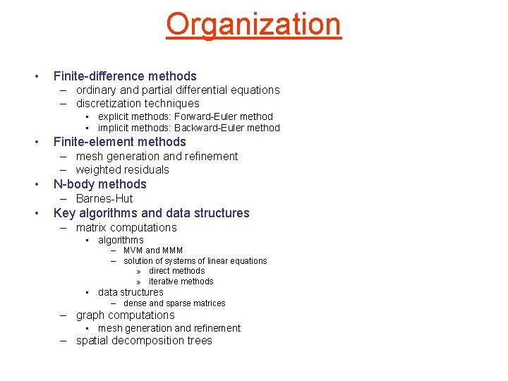 Organization • Finite-difference methods – ordinary and partial differential equations – discretization techniques •