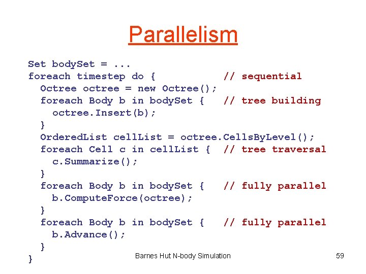 Parallelism Set body. Set =. . . foreach timestep do { // sequential Octree