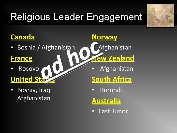 Religious Leader Engagement Canada Norway c o h • Bosnia / Afghanistan France •