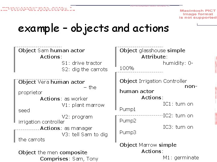 example – objects and actions Object Sam human actor Actions: S 1: drive tractor