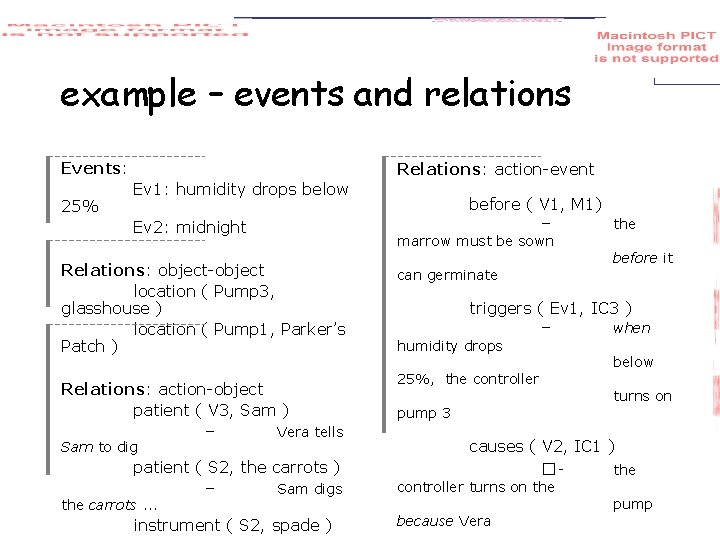 example – events and relations Events: 25% Relations: action-event Ev 1: humidity drops below