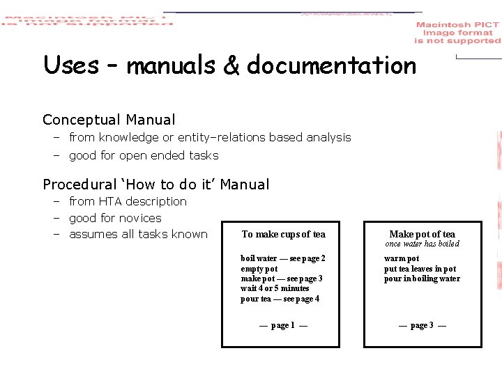 Uses – manuals & documentation Conceptual Manual – from knowledge or entity–relations based analysis