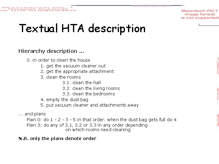 Textual HTA description Hierarchy description. . . 0. in order to clean the house