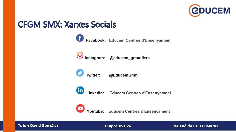 CFGM SMX: Xarxes Socials Tutor: David González Diapositiva 26 Reunió de Pares i Mares