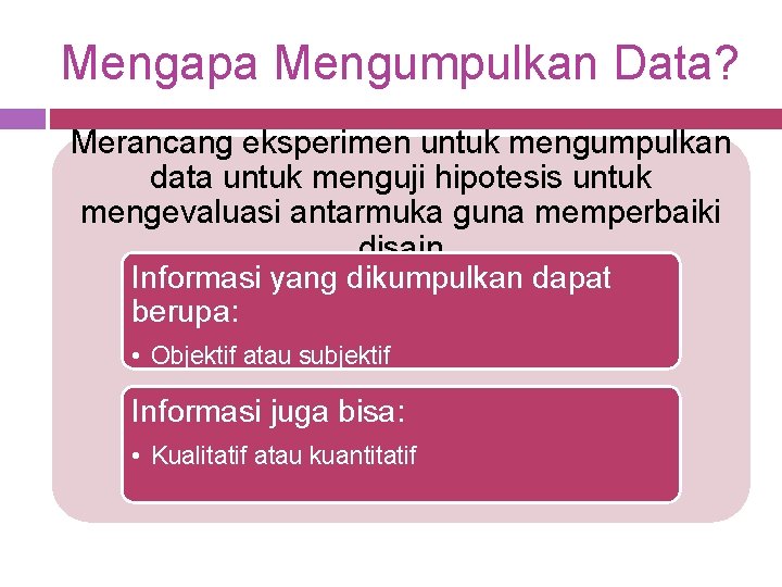 Mengapa Mengumpulkan Data? Merancang eksperimen untuk mengumpulkan data untuk menguji hipotesis untuk mengevaluasi antarmuka