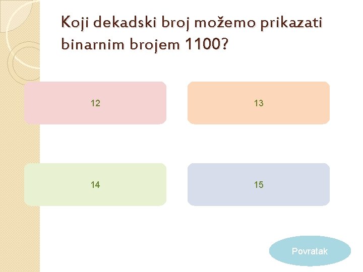 Koji dekadski broj možemo prikazati binarnim brojem 1100? 12 13 14 15 Povratak 