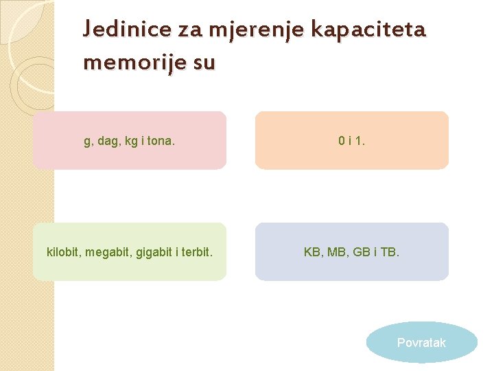 Jedinice za mjerenje kapaciteta memorije su g, dag, kg i tona. 0 i 1.