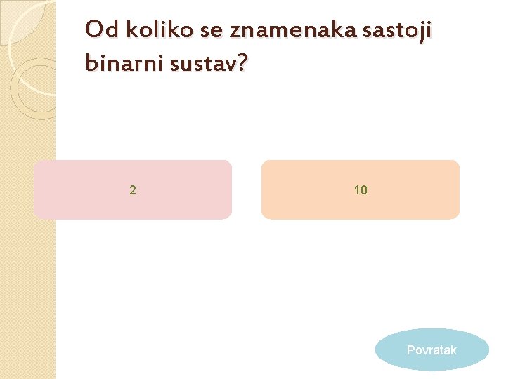 Od koliko se znamenaka sastoji binarni sustav? 2 10 Povratak 