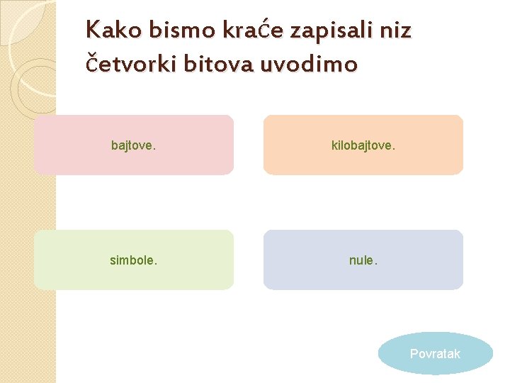 Kako bismo kraće zapisali niz četvorki bitova uvodimo bajtove. kilobajtove. simbole. nule. Povratak 