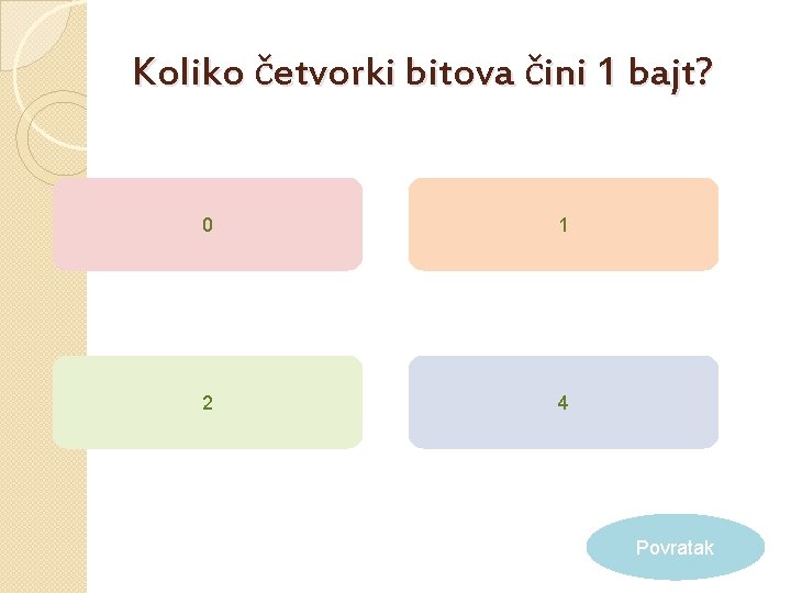 Koliko četvorki bitova čini 1 bajt? 0 1 2 4 Povratak 