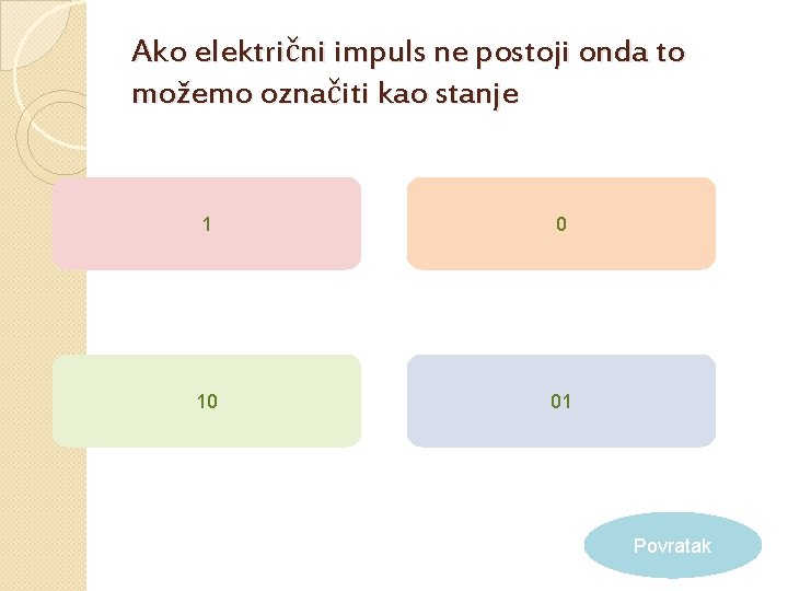 Ako električni impuls ne postoji onda to možemo označiti kao stanje 1 0 10