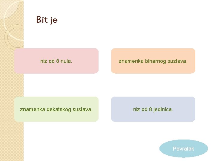 Bit je niz od 8 nula. znamenka binarnog sustava. znamenka dekatskog sustava. niz od