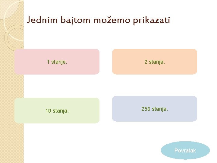 Jednim bajtom možemo prikazati 1 stanje. 2 stanja. 10 stanja. 256 stanja. Povratak 