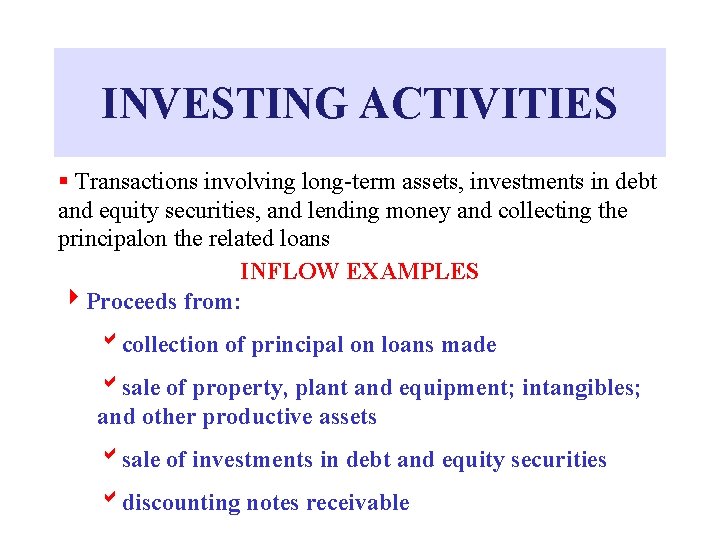 INVESTING ACTIVITIES § Transactions involving long-term assets, investments in debt and equity securities, and
