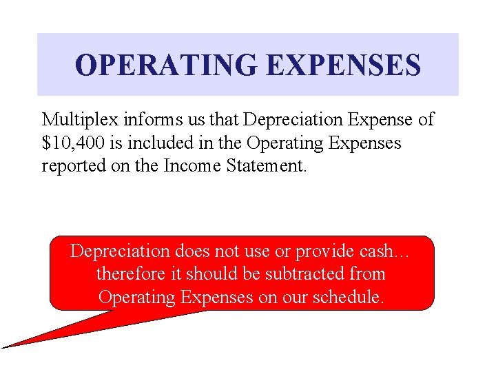 OPERATING EXPENSES Multiplex informs us that Depreciation Expense of $10, 400 is included in