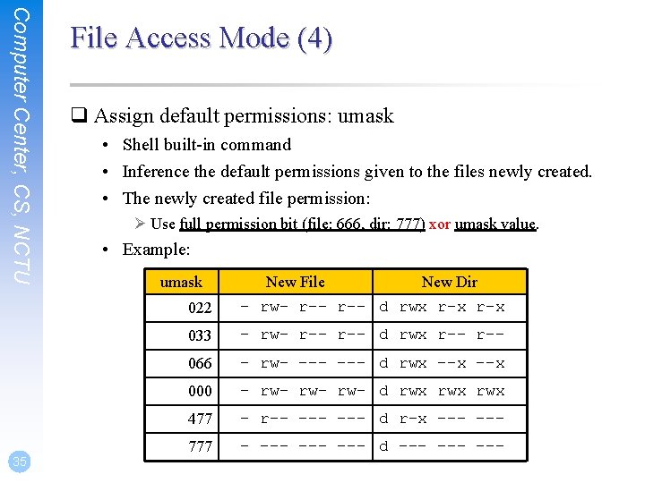 Computer Center, CS, NCTU 35 File Access Mode (4) q Assign default permissions: umask