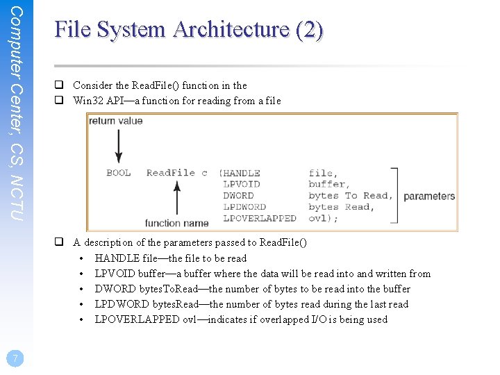 Computer Center, CS, NCTU File System Architecture (2) q Consider the Read. File() function