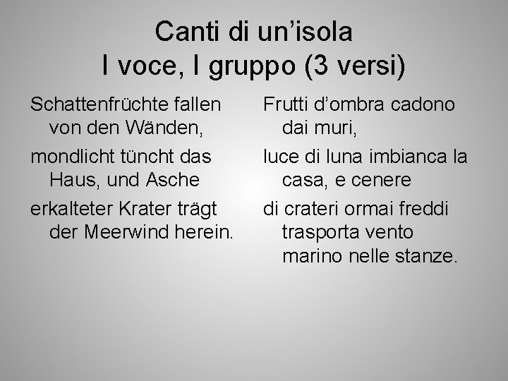 Canti di un’isola I voce, I gruppo (3 versi) Schattenfrüchte fallen von den Wänden,