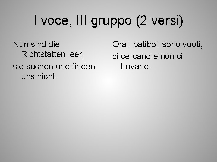 I voce, III gruppo (2 versi) Nun sind die Richtstätten leer, sie suchen und