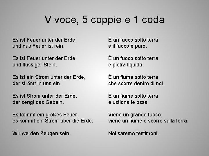 V voce, 5 coppie e 1 coda Es ist Feuer unter der Erde, und