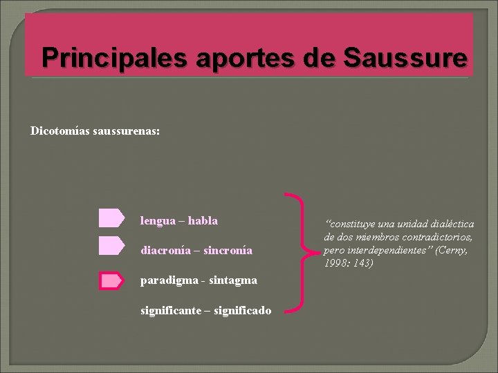 Principales aportes de Saussure Dicotomías saussurenas: lengua – habla diacronía – sincronía paradigma -