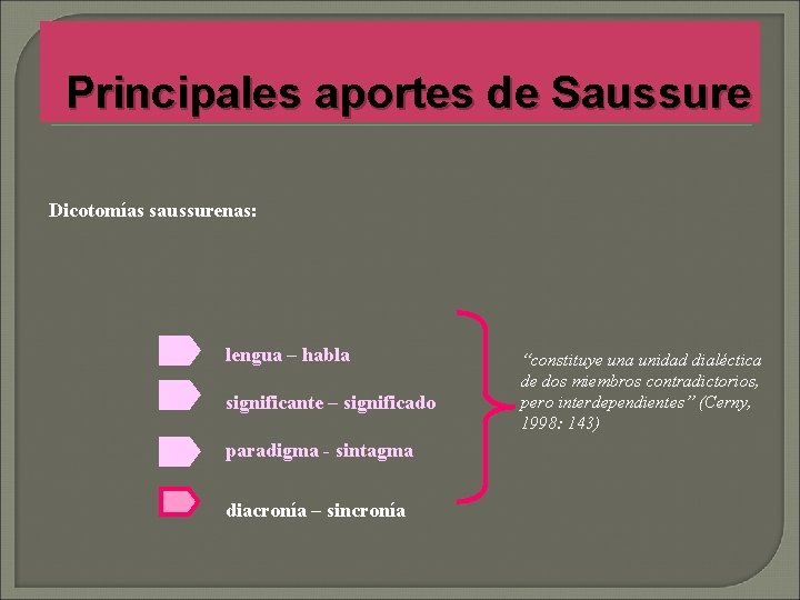 Principales aportes de Saussure Dicotomías saussurenas: lengua – habla significante – significado paradigma -
