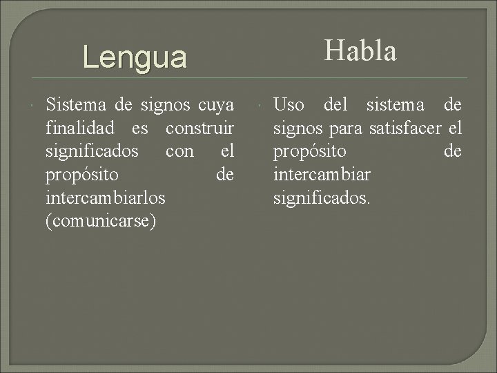 Habla Lengua Sistema de signos cuya finalidad es construir significados con el propósito de