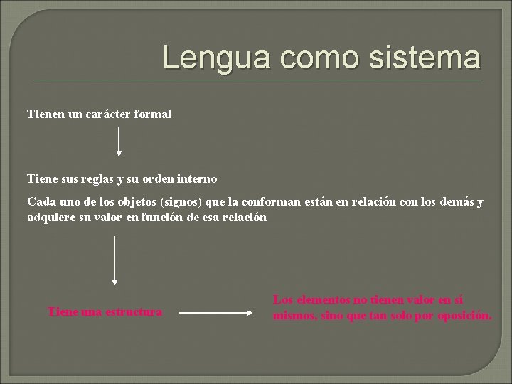 Lengua como sistema Tienen un carácter formal Tiene sus reglas y su orden interno