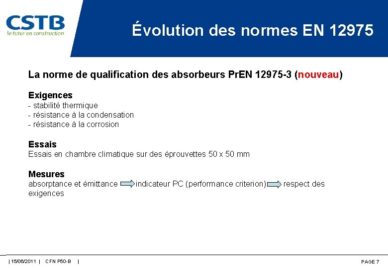 Évolution des normes EN 12975 La norme de qualification des absorbeurs Pr. EN 12975
