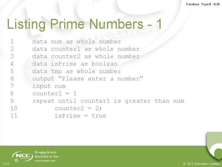 Functions Topic 6 - 6. 30 Listing Prime Numbers - 1 1 2 3